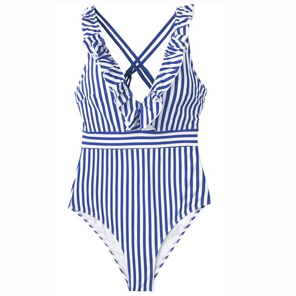 NEWโจ Women's V Neck One Piece Swimsuit Ruffled Back Cross Swimwearโจ - Picture 2 of 3
